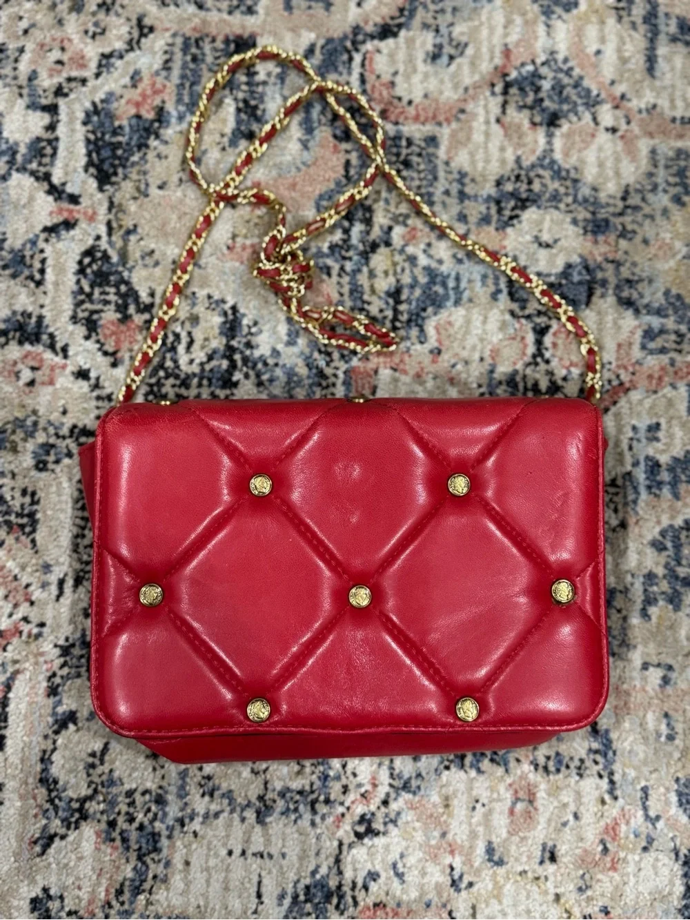 Vintage L.J. Simone Red Quilted Shoulder Bag with Greco-Roman Coin accents